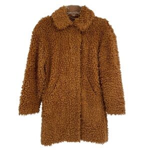 J Crew Size XXS Brown Textured Fuzzy Faux Fur Teddy Coat Collared Snap/zip front